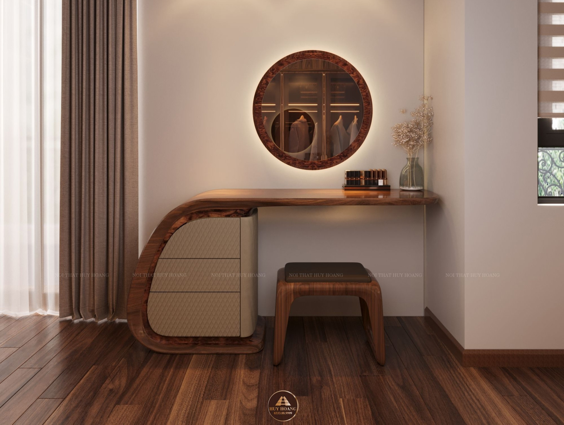 Bàn trang điểm gỗ óc chó gương tròn