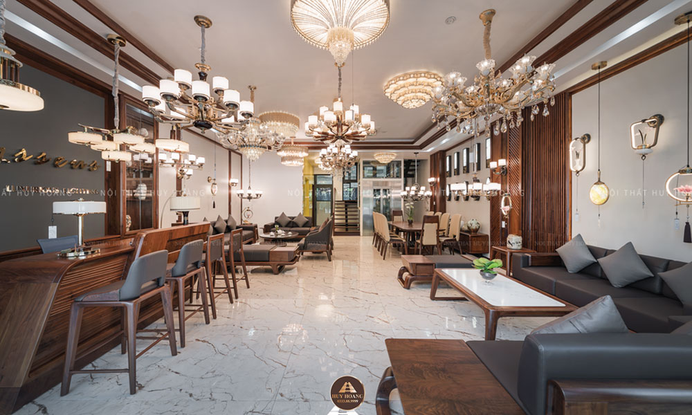 showroom trưng bày ghế thư giãn gỗ óc chó