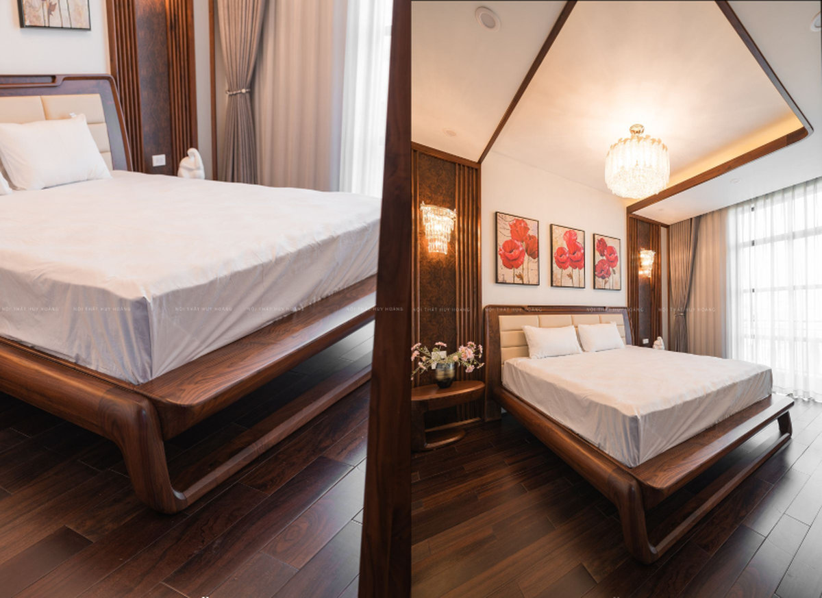 Hình ảnh thực tế giường ngủ gỗ óc chó tại nhà khách