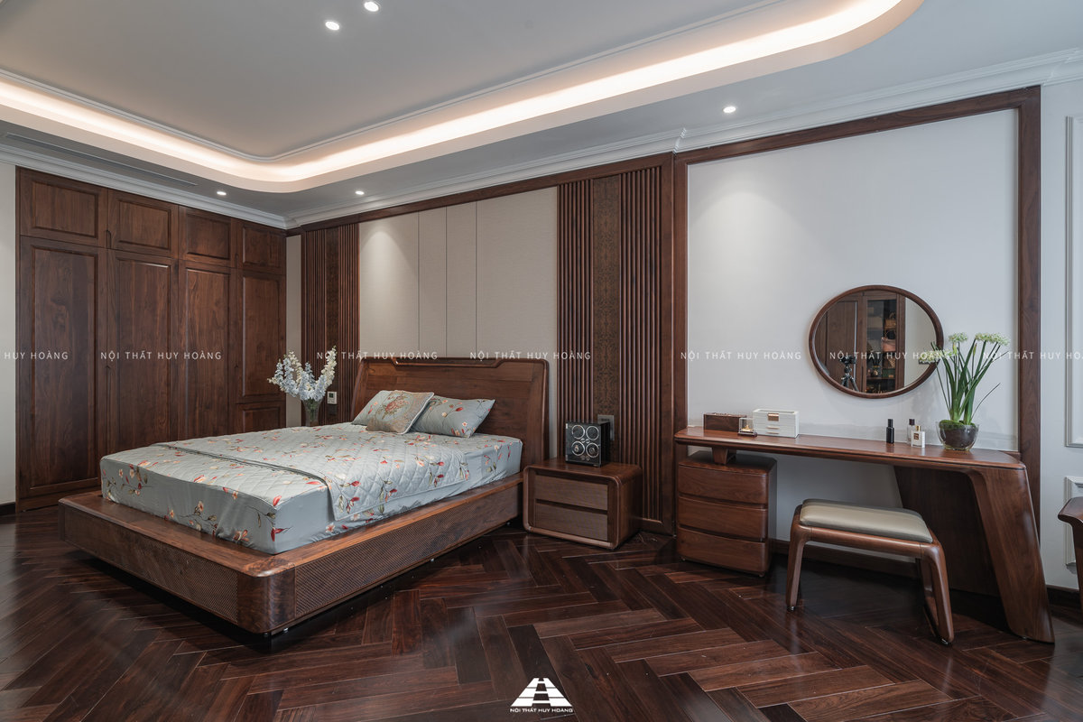 Cận cảnh chi tiết giường ngủ gỗ óc chó cao cấp
