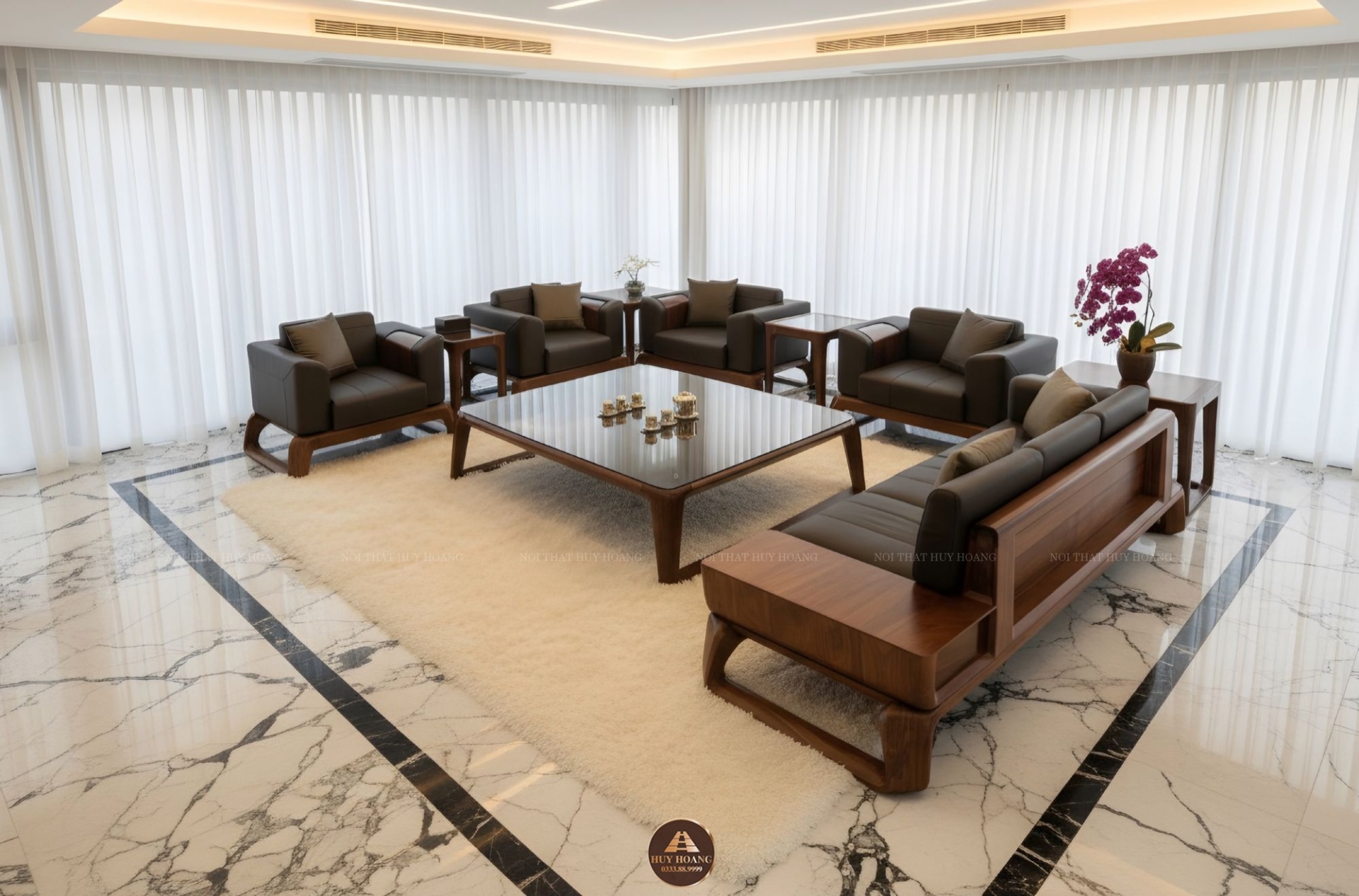 Sofa gỗ óc chó Avalon 42 chân thuyền cách điệu