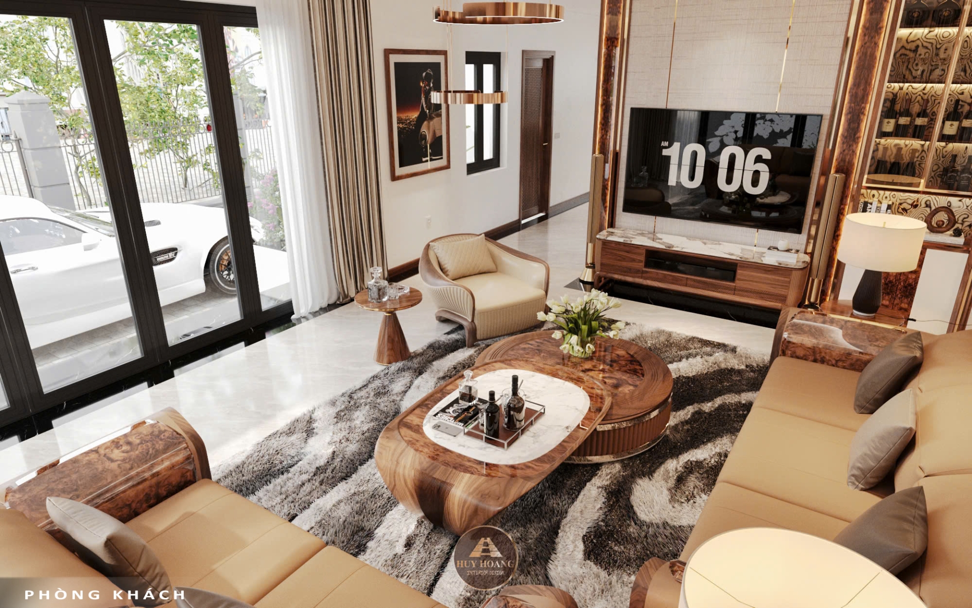 mẫu thiết kế nội thất phòng khách gỗ óc chó