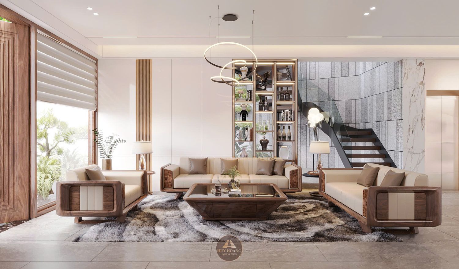 thiết kế nội thất phòng khách gỗ óc chó