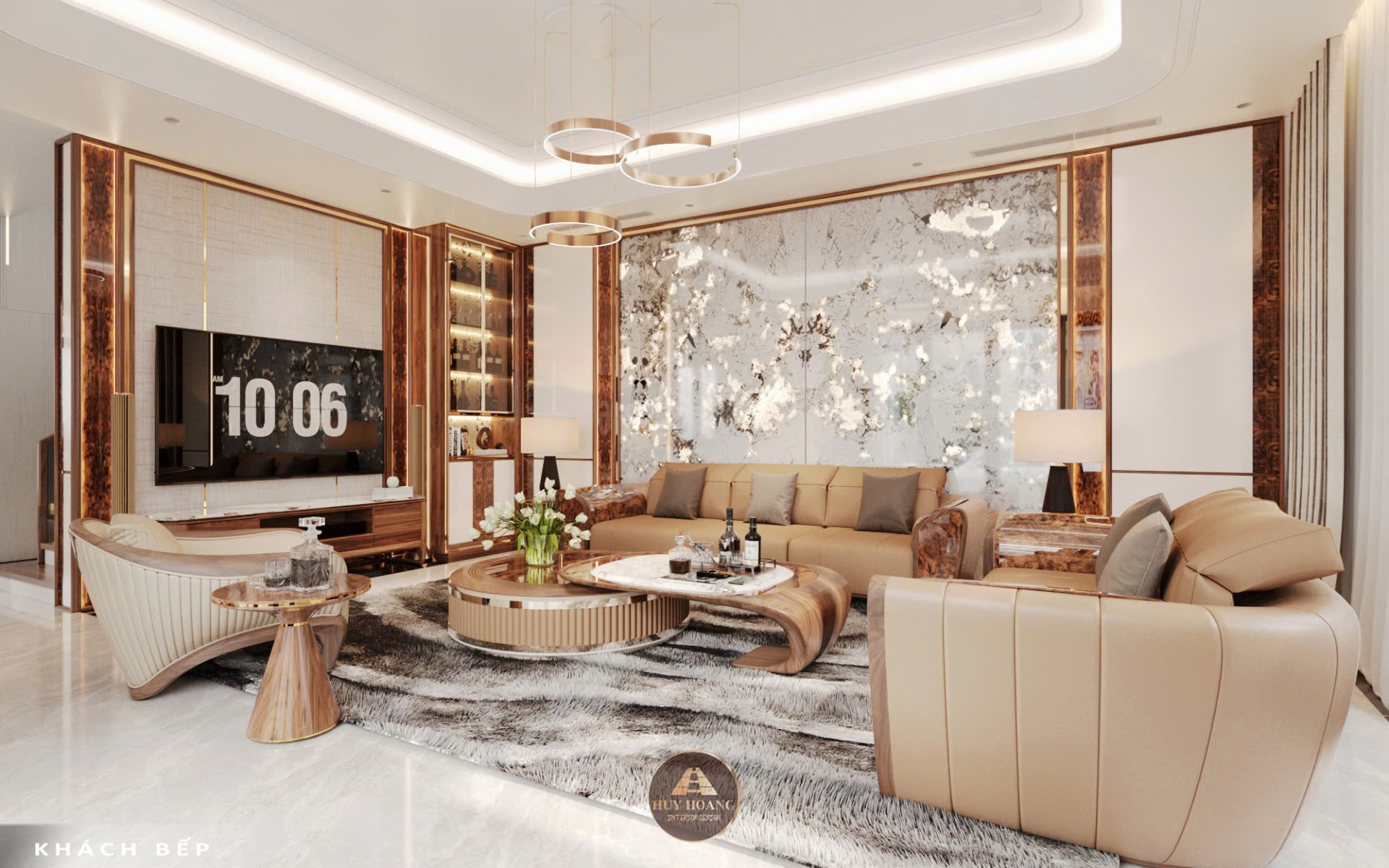 thi công nội thất phòng khách gỗ óc chó
