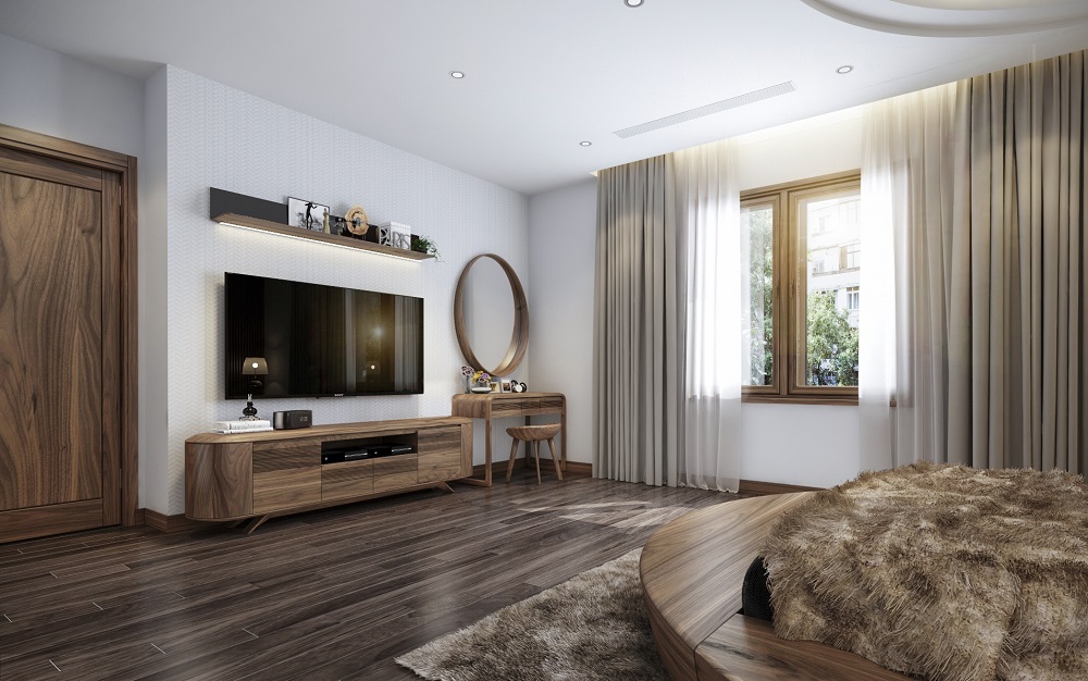 thiết kế nội thất phòng ngủ gỗ óc chó