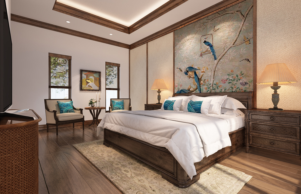Phong cách nội thất phòng ngủ gỗ óc chó Indochine