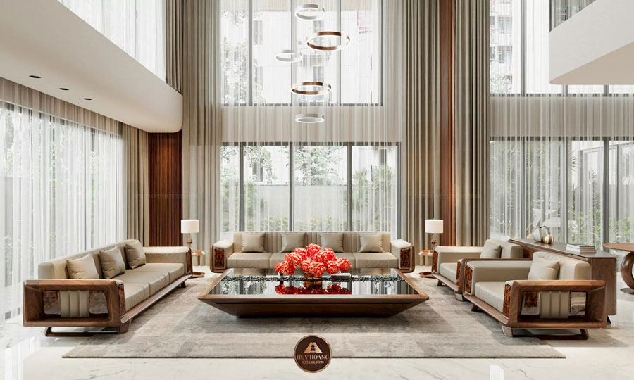 mẫu sofa gỗ óc chó chân thuyền hiện đại