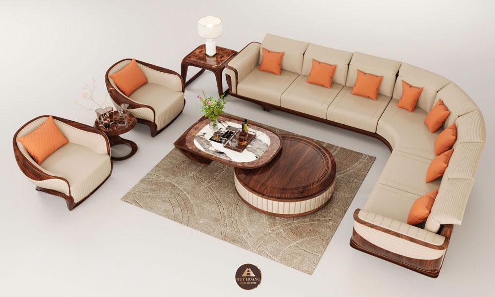 Bộ sofa chữ L gỗ óc chó phối màu kem
