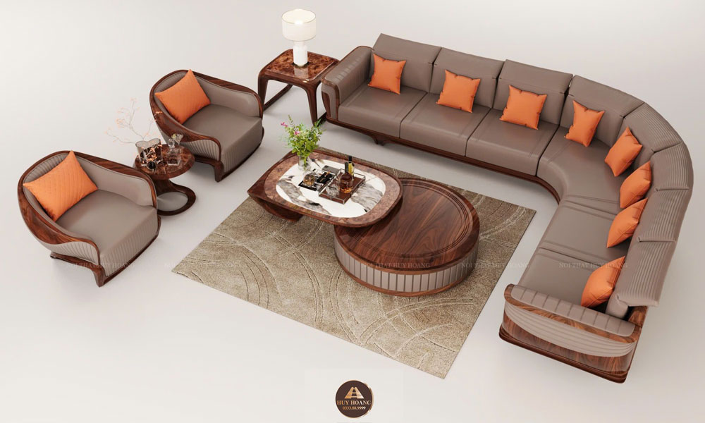 mẫu sofa gỗ óc chó chữ L hiện đại