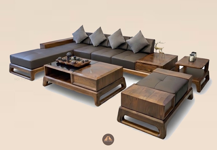 Mẫu sofa gỗ óc chó chữ L phong cách tối giản
