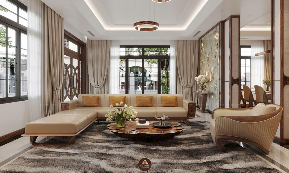 mẫu sofa chữ L gỗ óc chó cao cấp