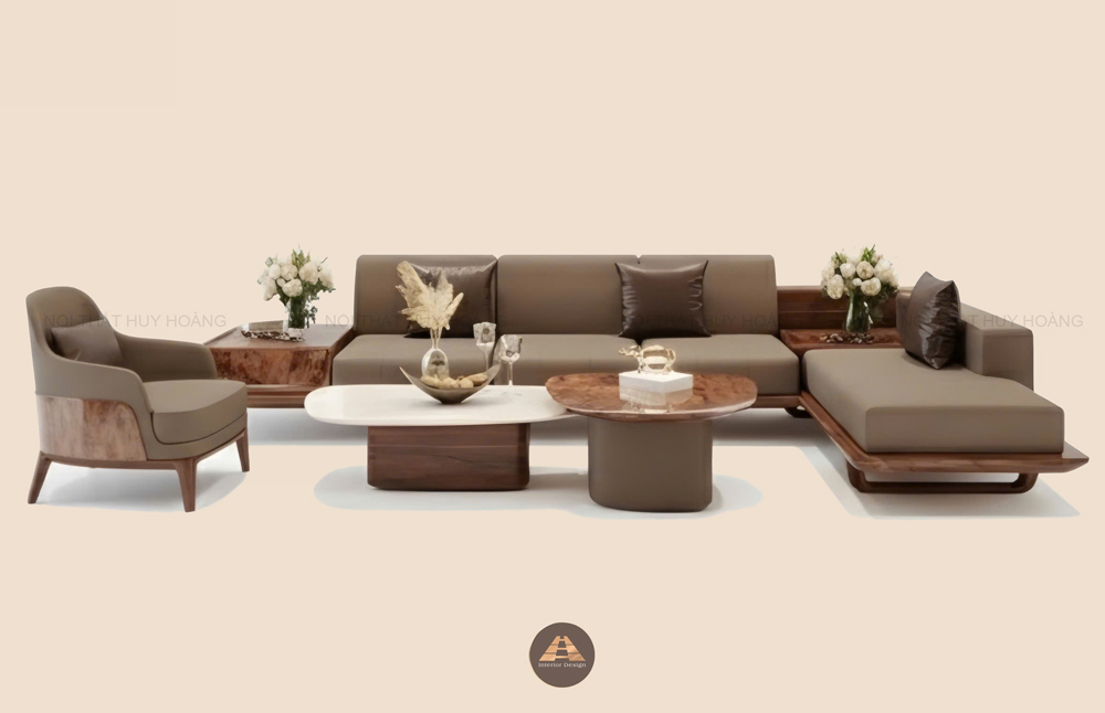 Mẫu sofa gỗ óc chó chữ L bọc da cao cấp