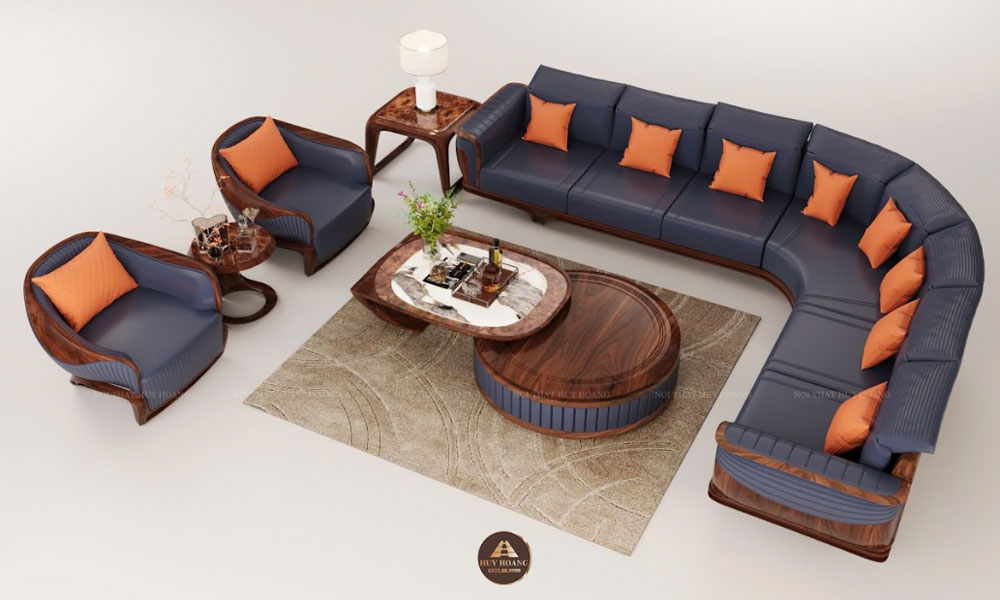 Sofa gỗ óc chó chữ L bọc da xanh navy phối cam