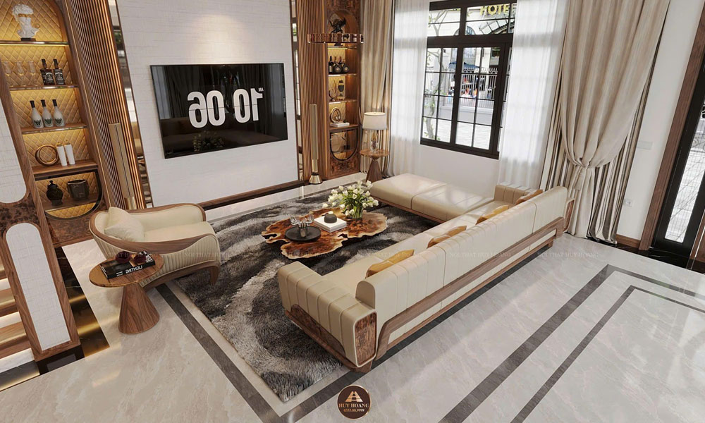 sofa chữ L gỗ óc chó là lựa chọn hoàn hảo cho phòng khách