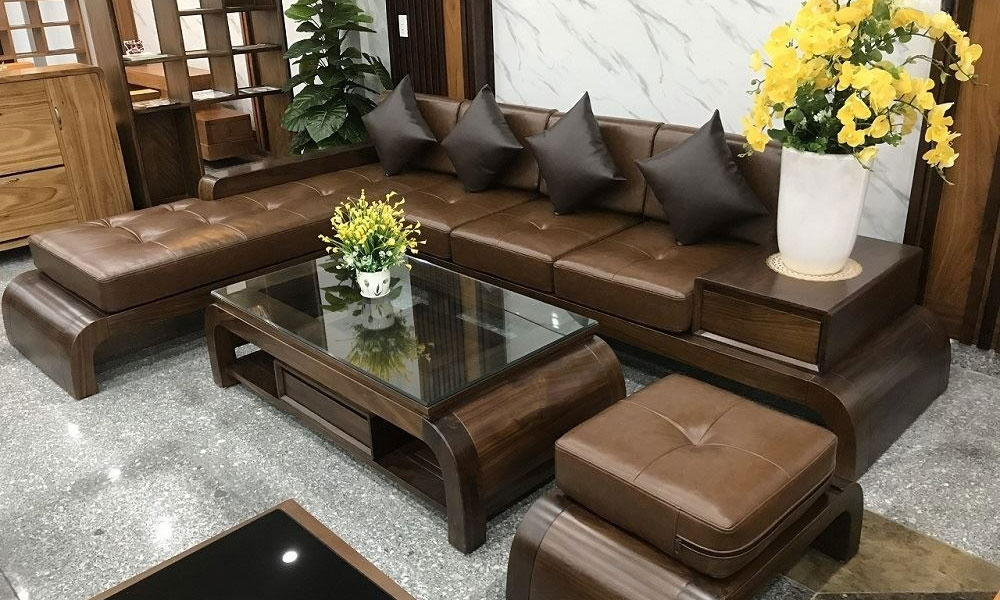 Bộ sofa gỗ óc chó chữ L bọc da nâu thiết kế hiện đại