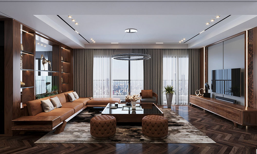 Sofa gỗ chữ L gỗ óc chó bọc da bò sang trọng