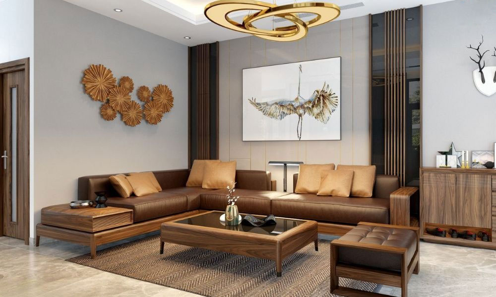 Bố trí sofa gỗ óc chó chữ L ở góc tường