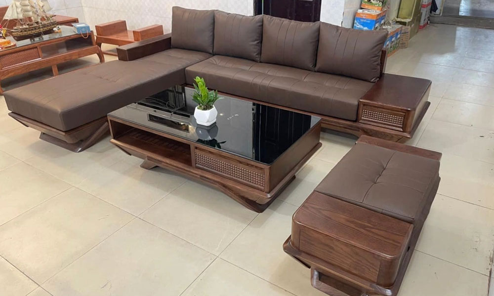 Sofa gỗ óc chó chữ L hiện đại