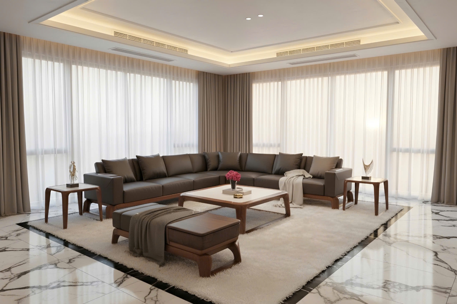 Sofa gỗ óc chó chữ L hiện đại