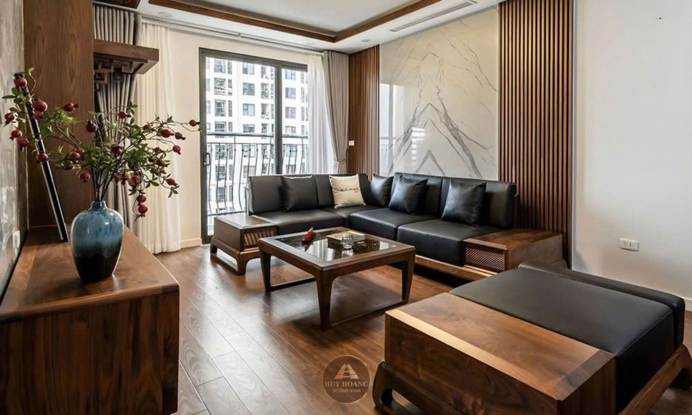 mẫu sofa gỗ óc chó chữ L