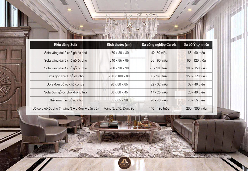 bảng báo giá sofa gỗ óc chó