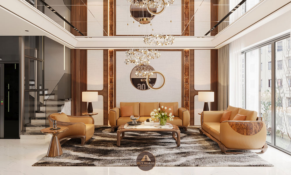 Bộ sofa gỗ óc chó được bọc da bò phối màu cognac