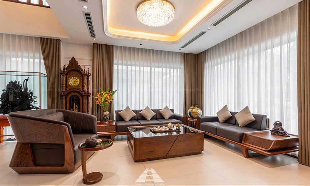 Sofa gỗ óc chó phối màu nâu thiết kế sang trọng cho không gian mở