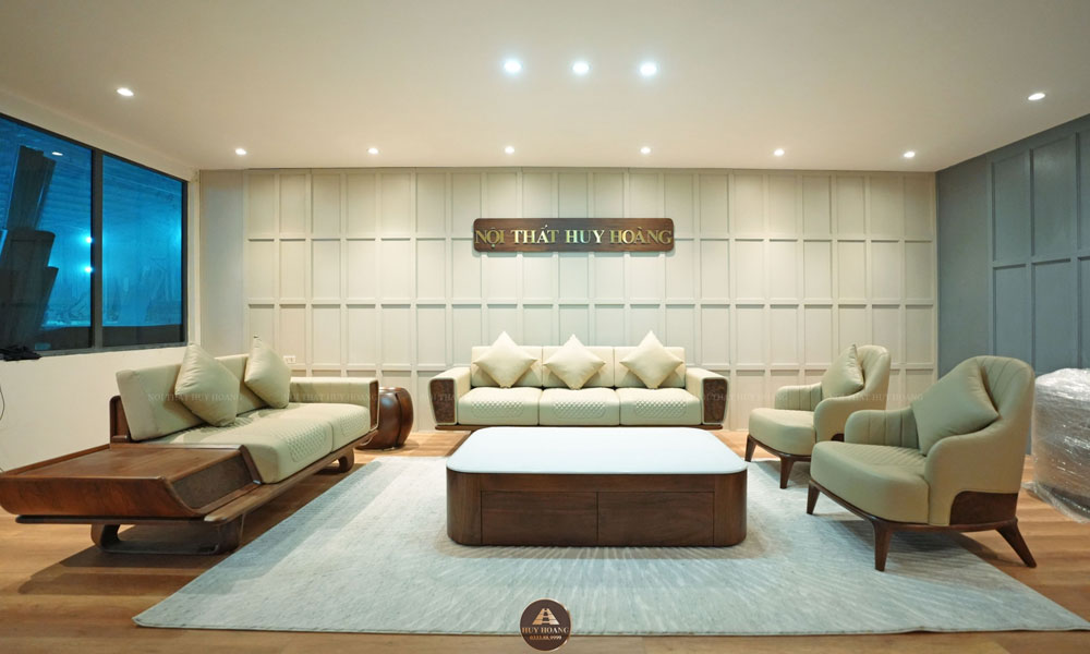 mẫu sofa gỗ óc chó bọc da
