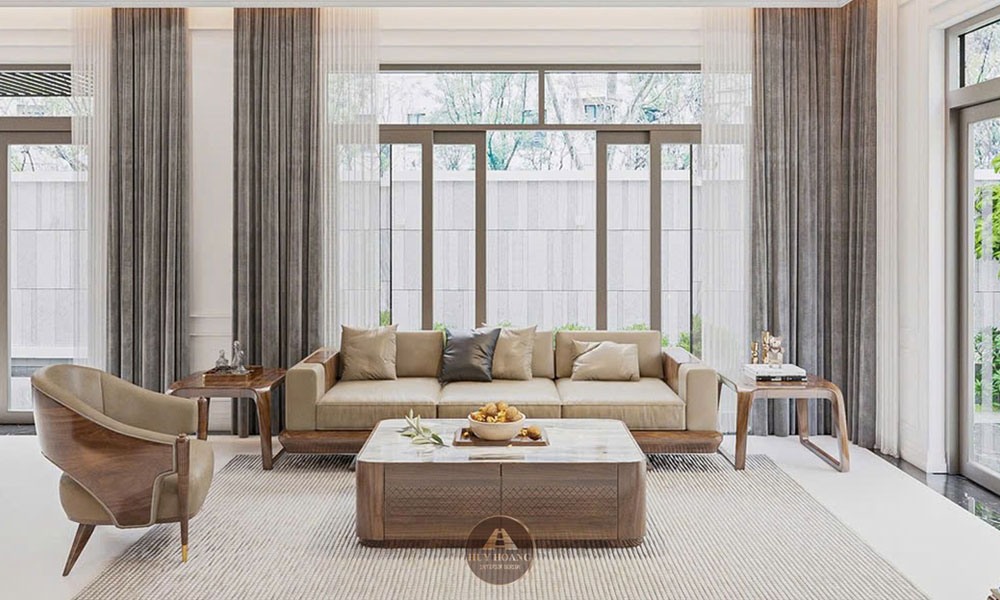 Bộ sofa từ gỗ óc chó phối vải be phong cách tối giản