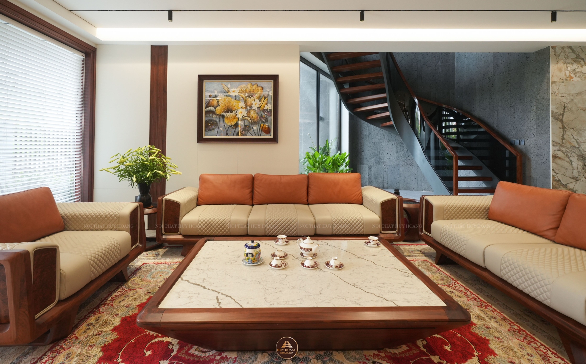 Bộ sofa gỗ óc chó thiết kế hiện đại