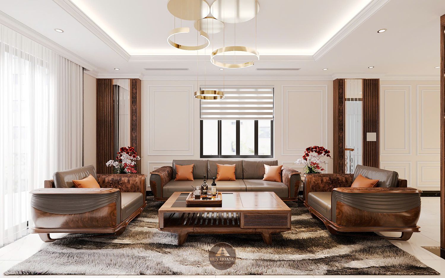 Mẫu sofa gỗ óc chó bọc da cao cấp