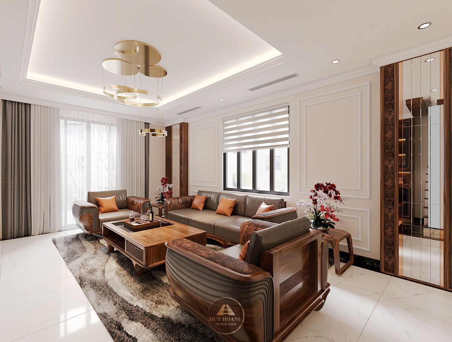 Mẫu sofa gỗ óc chó bọc da cao cấp