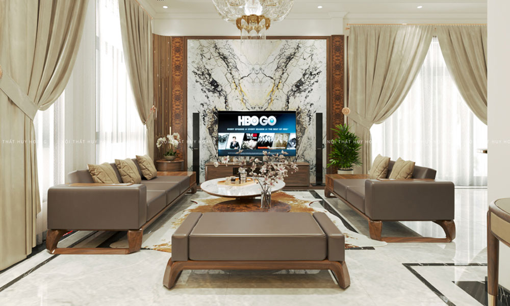 mẫu sofa gỗ óc chó hiện đại