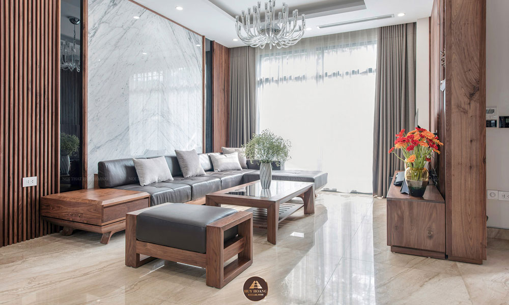 mẫu sofa gỗ sồi sơn màu óc chó