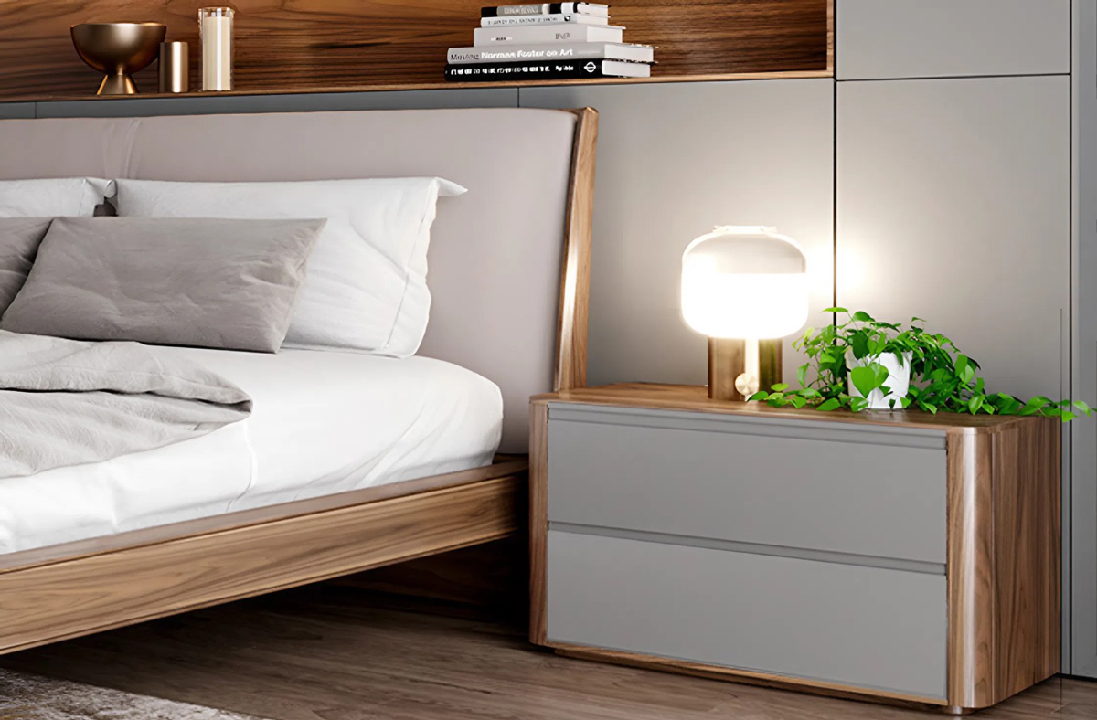 mẫu tủ đầu giường gỗ óc chó thiết kế bo góc mềm mại