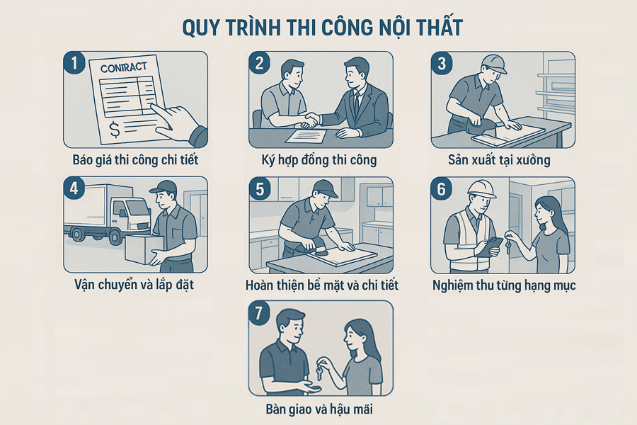 quy trình thi công nội thất gỗ óc chó tại Huy Hoàng
