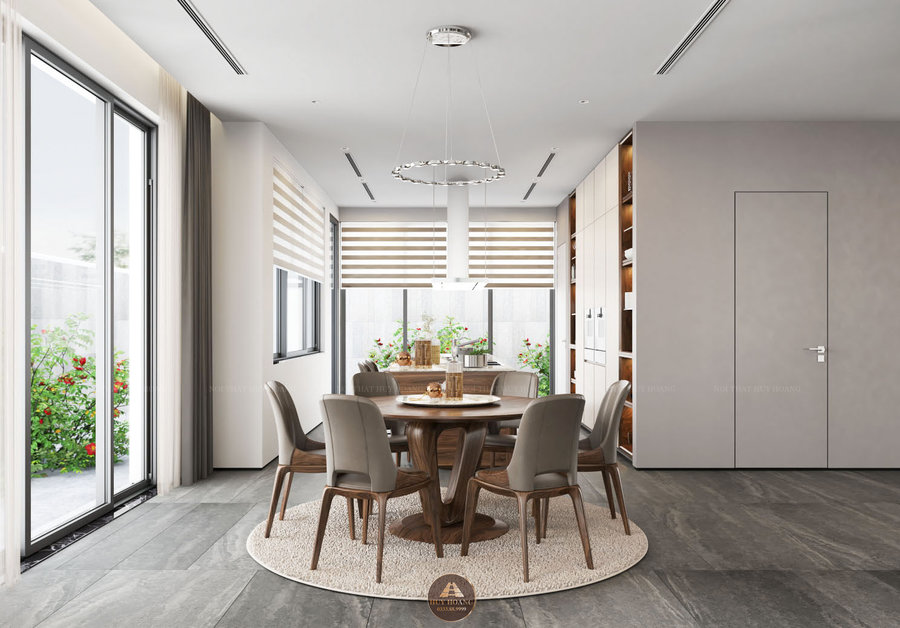 Thiết kế ph&ograve;ng bếp hiện đại với bộ b&agrave;n ăn tr&ograve;n gỗ &oacute;c ch&oacute; 6 ghế