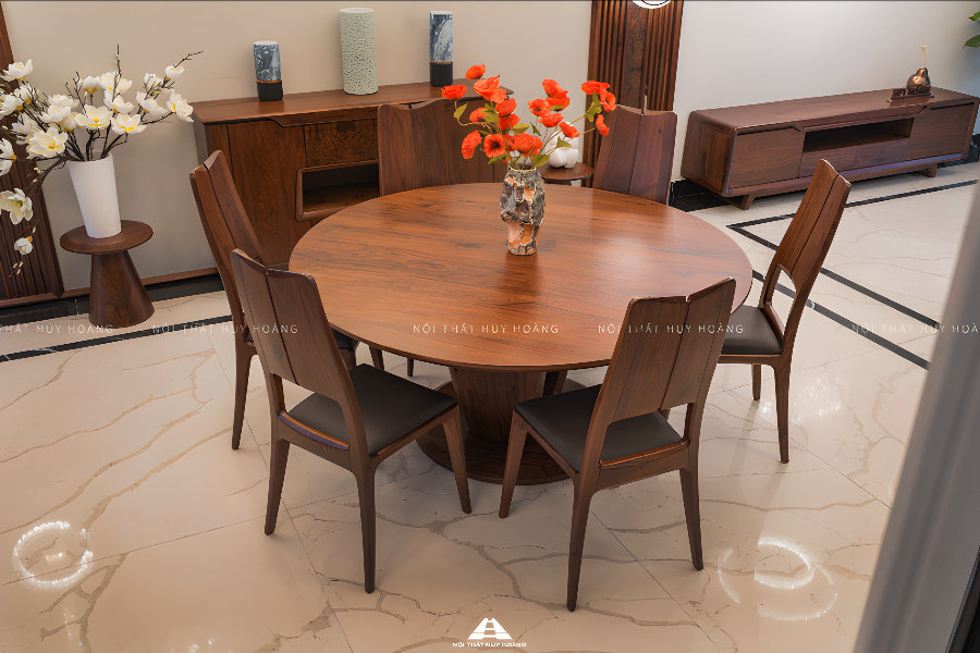 H&igrave;nh ảnh thực tế bộ b&agrave;n ăn tr&ograve;n gỗ &oacute;c ch&oacute; 6 ghế ch&acirc;n trụ c&aacute;ch điệu sang trọng