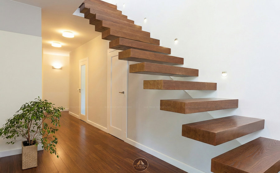Mẫu cầu thang xương c&aacute; gỗ &oacute;c ch&oacute; bay phong c&aacute;ch tối giản