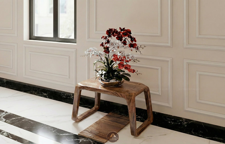 Đ&ocirc;n thấp gỗ &oacute;c ch&oacute; ch&acirc;n quỳ đặt chậu lan hồ điệp đại sảnh