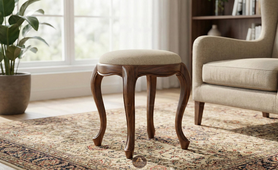 Đ&ocirc;n tr&ograve;n gỗ &oacute;c ch&oacute; t&acirc;n cổ điển ch&acirc;n cong mềm mại bọc nỉ m&agrave;u kem