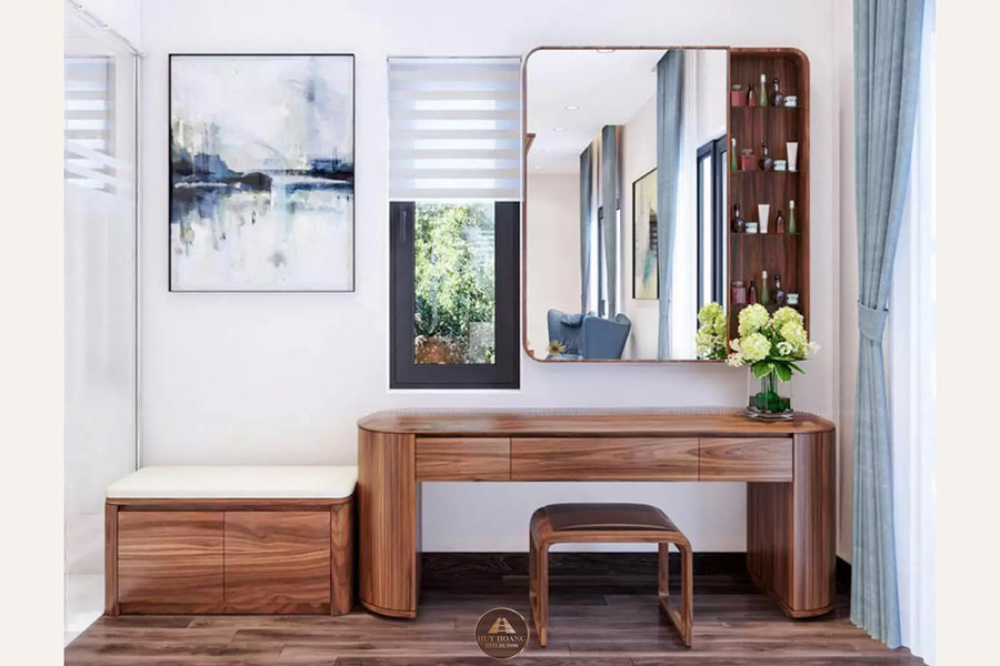 Ghế đ&ocirc;n b&agrave;n trang điểm gỗ &oacute;c ch&oacute; nhỏ gọn bọc da n&acirc;u cafe cao cấp