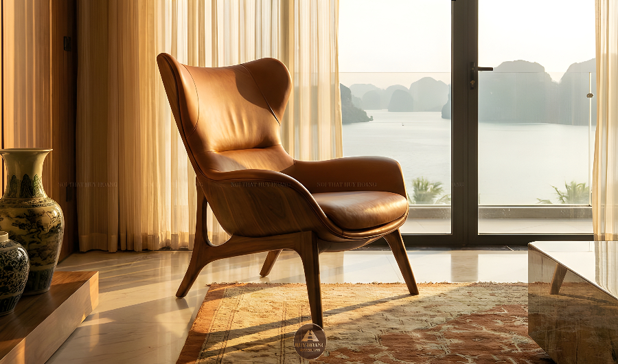 Ghế đơn gỗ &oacute;c ch&oacute; kiểu c&aacute;nh &eacute;n bọc da n&acirc;u sang trọng, ghế gỗ &oacute;c ch&oacute; c&aacute;nh dơi