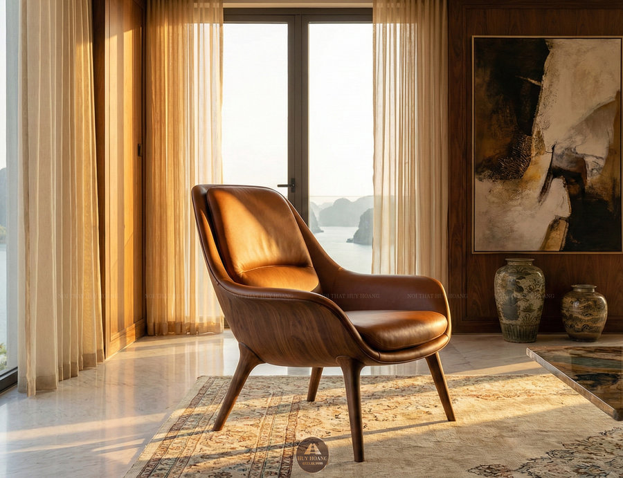 Ghế đơn gỗ &oacute;c ch&oacute; d&aacute;ng k&eacute;n tằm bọc da n&acirc;u sang trọng, ghế đơn gỗ &oacute;c ch&oacute; d&aacute;ng k&eacute;n tằm