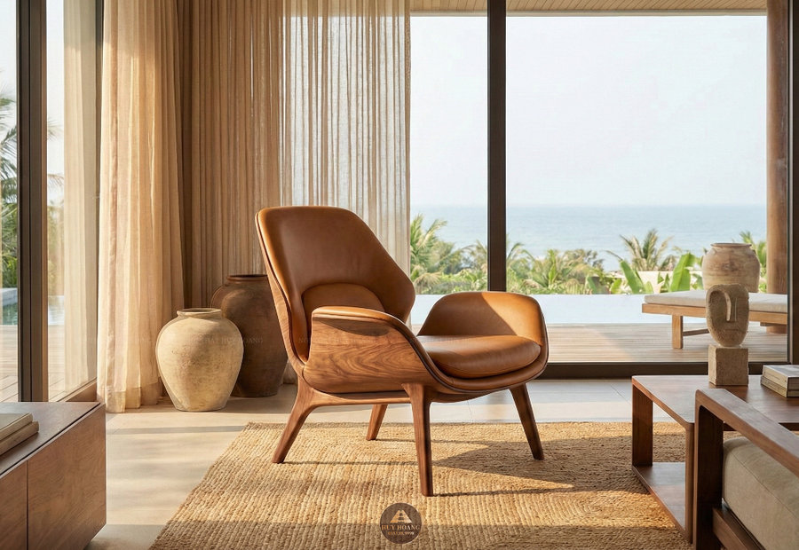 Ghế thư gi&atilde;n gỗ &oacute;c ch&oacute; d&aacute;ng vỏ s&ograve; bọc da n&acirc;u, ghế đơn gỗ &oacute;c ch&oacute; d&aacute;ng vỏ s&ograve; bọc da n&acirc;u