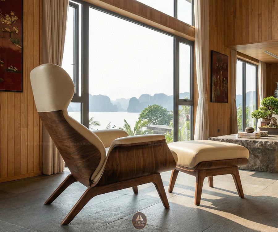 Bộ ghế thư gi&atilde;n k&egrave;m đ&ocirc;n gỗ &oacute;c ch&oacute; bọc da kem sang trọng, ghế đơn gỗ &oacute;c ch&oacute; k&egrave;m đ&ocirc;n