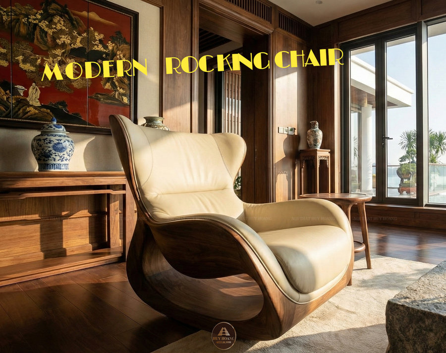 Ghế đơn kiểu bập b&ecirc;nh gỗ &oacute;c ch&oacute; bọc da kem trong biệt thự sang trọng.