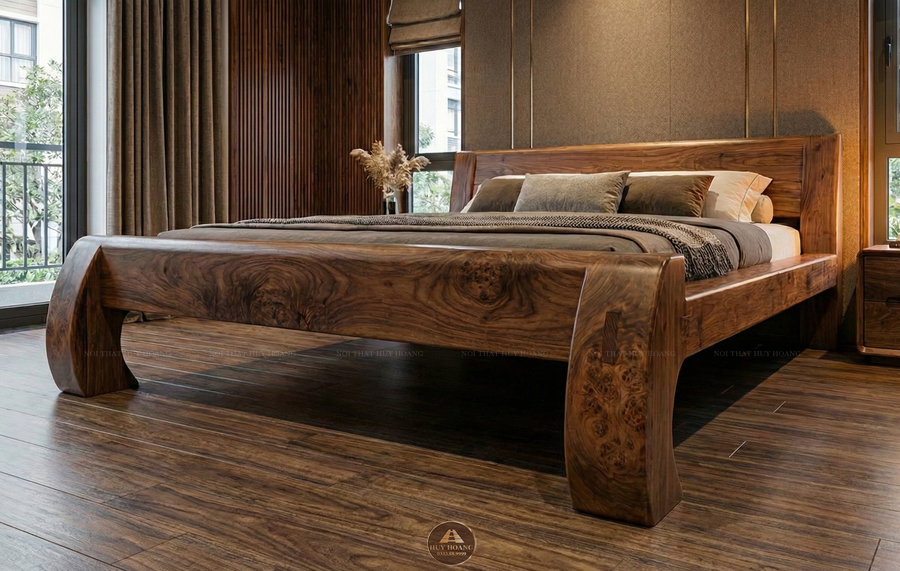 Giường 1m8 gỗ óc chó chân quỳ, giường ngủ gỗ óc chó 1m8 chân quỳ