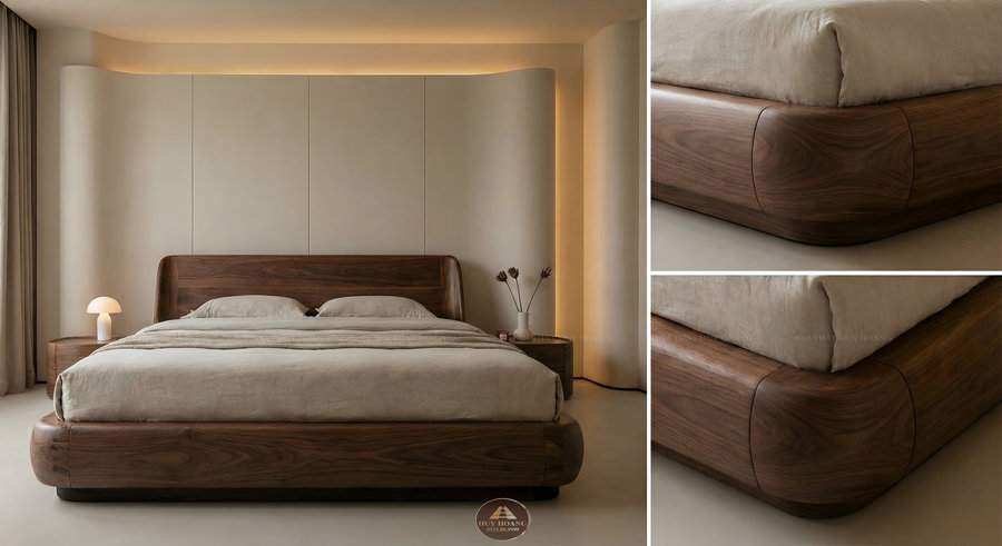 Giường ngủ gỗ óc chó 1m8 bo cong, giường ngủ 1m8 gỗ óc chó