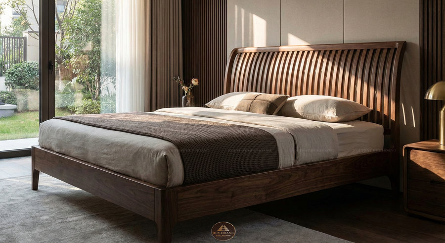 Giường ngủ gỗ óc chó 1m8 nan cong, giường 1m8 gỗ óc chó